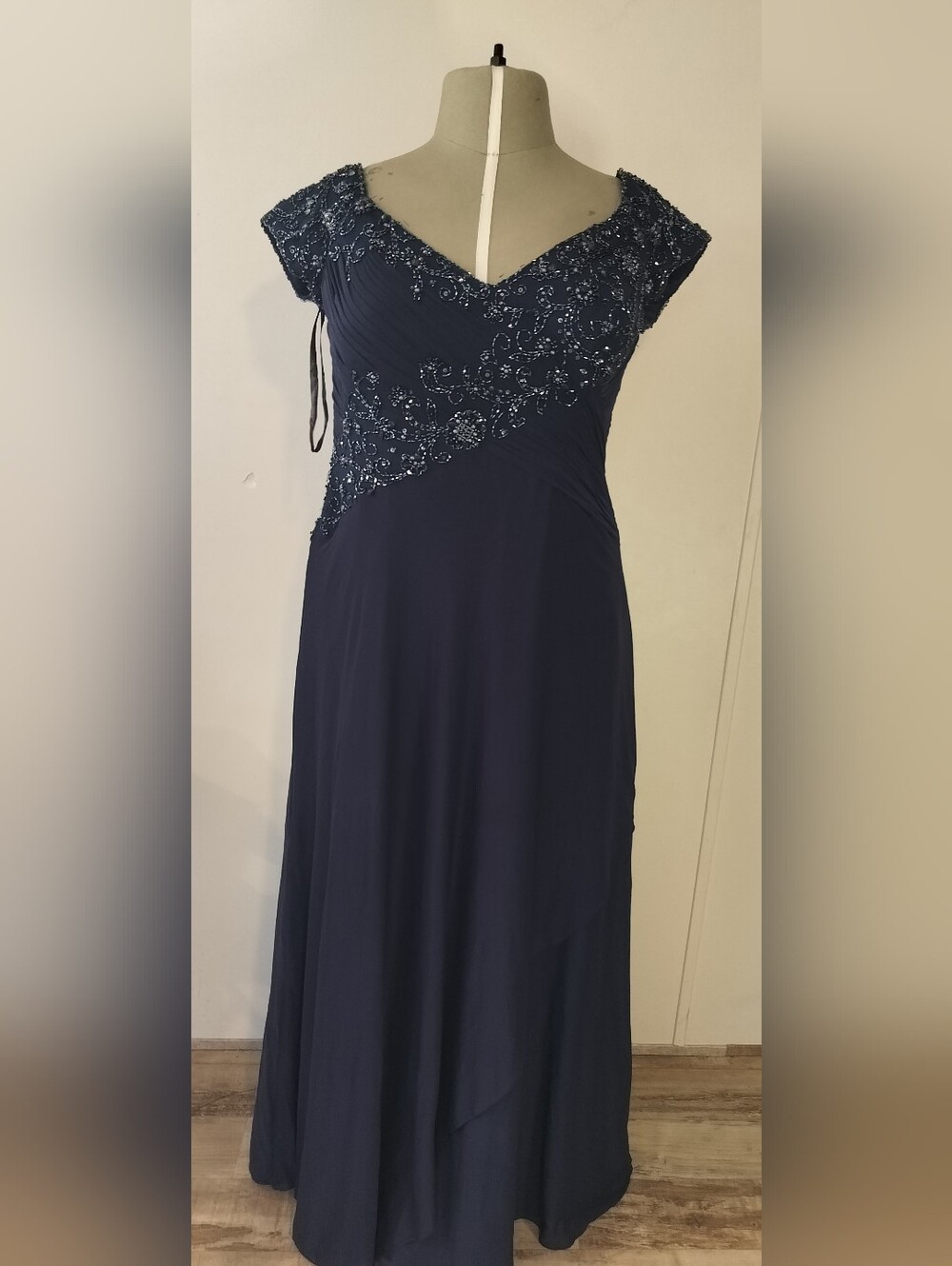 Montage by Mon Cheri Navy Beaded V-Neck Maxi Dress